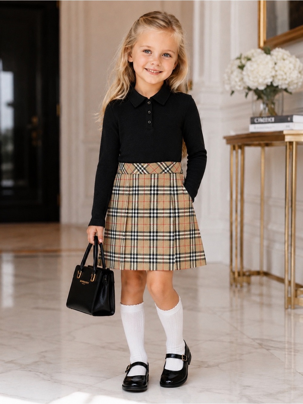 Burberry Girls Iconic Two Tone Nova Check Long Sleeve Pleated Mini Dress